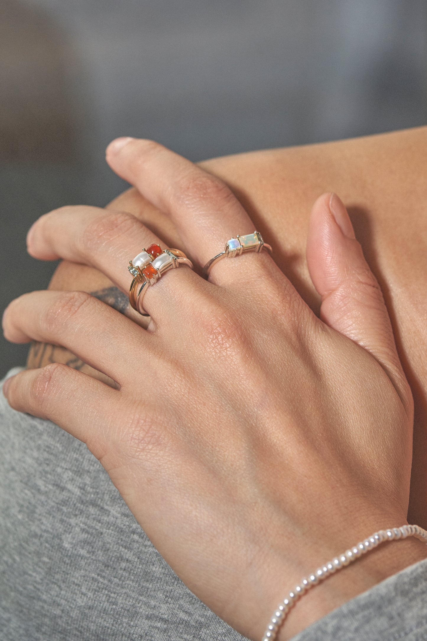 Betty Ring with Fire Opal, Freshwater Pearl & Sky Topaz