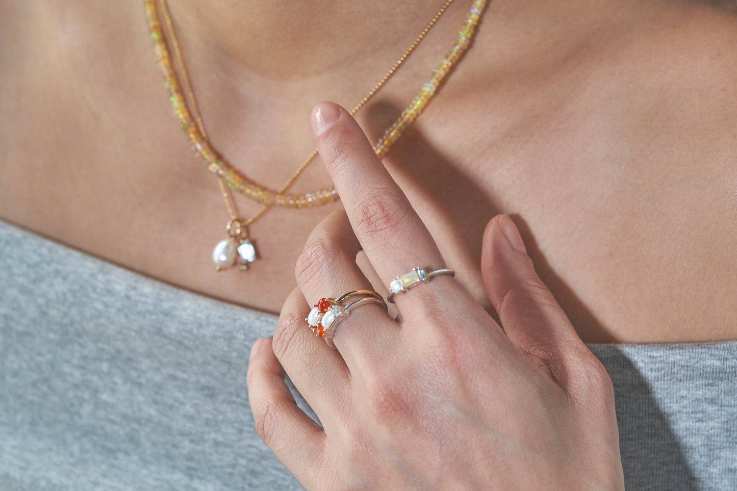 Betty Ring with Fire Opal, Freshwater Pearl & Sky Topaz
